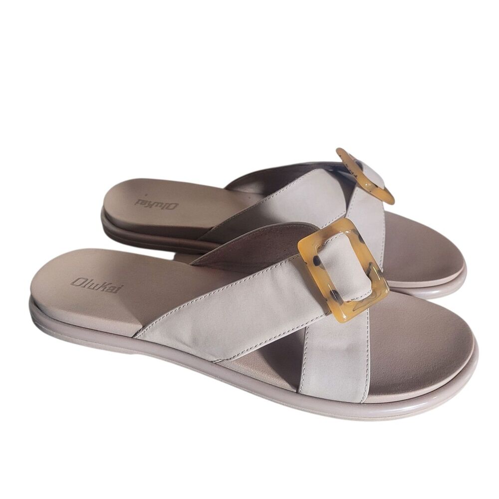 Olukai L'ai Slide Sandals Tortoise Shell Womens Size 11 Tan Comfort Beach Summer